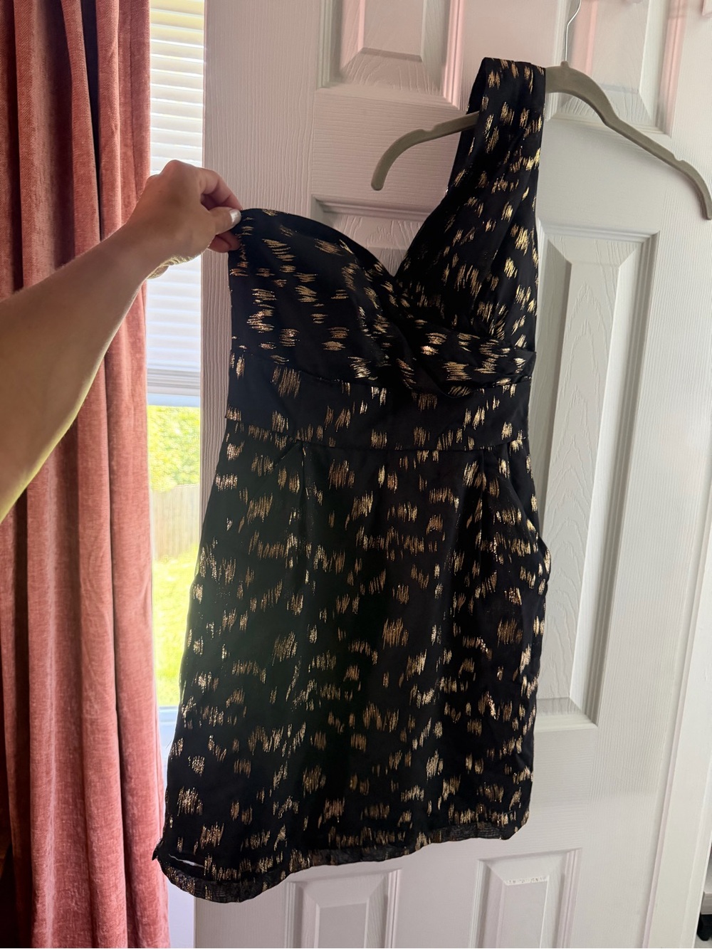 BCBGeneration Black One-Shoulder Dress with Gold Foil Print